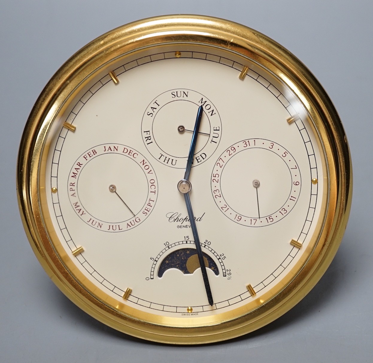 A Swiss Chopard travel desk alarm clock on stilt, 14cm diameter